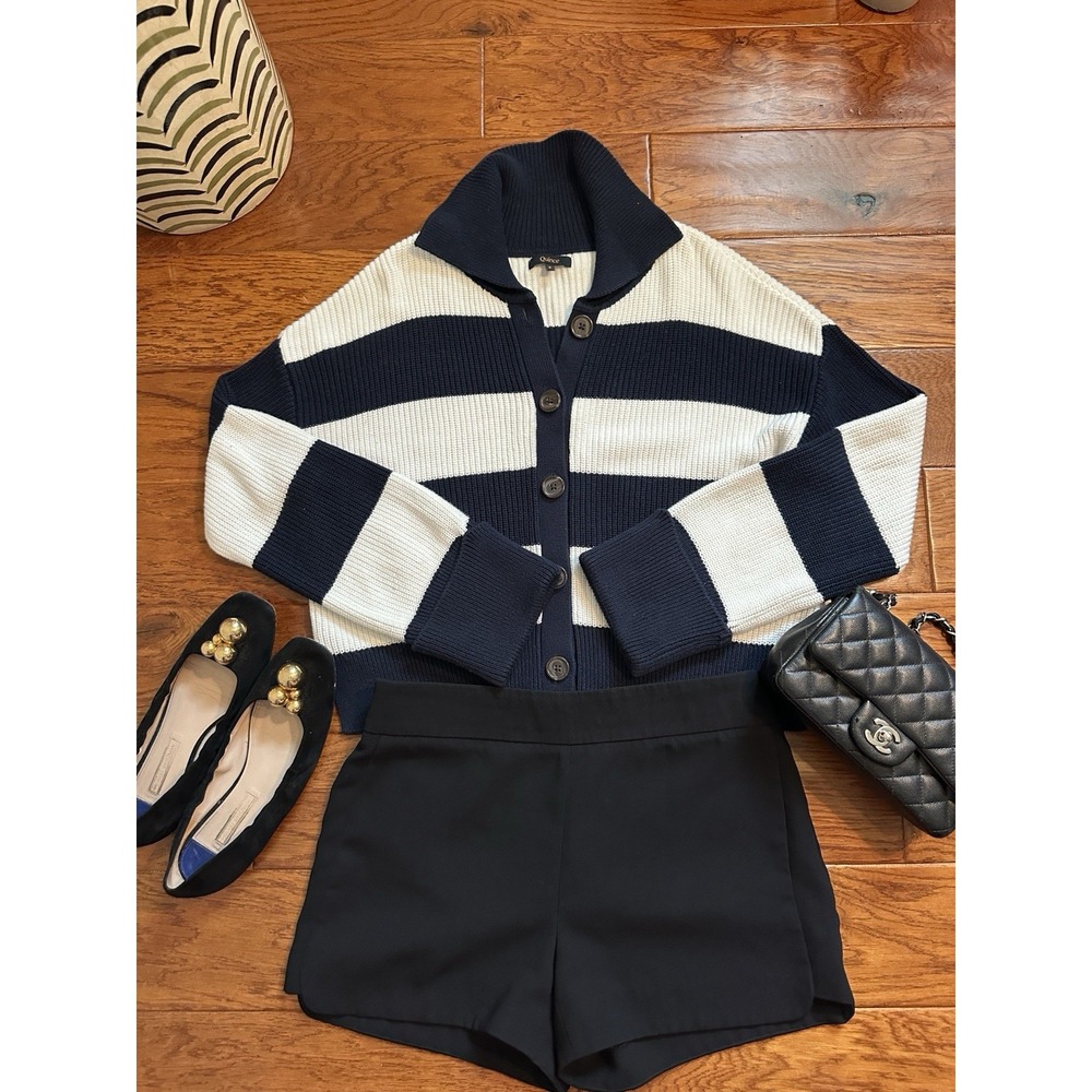 Quince Organic Cotton Striped Shawl Collar Cardigan Sweater Womens S Navy White